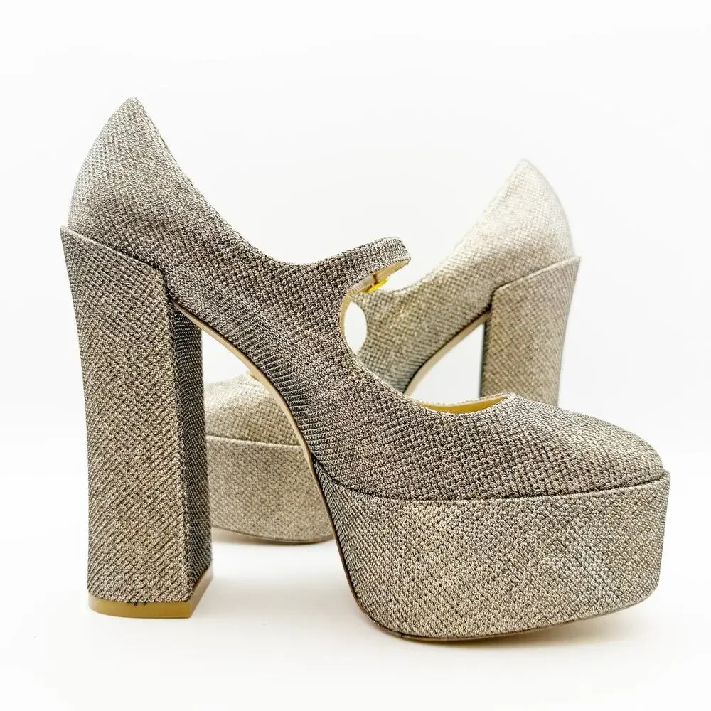 Stuart Weitzman Skyhigh 145 Mary Jane Platform Heels US 9.5 Beige Metallic NWOB